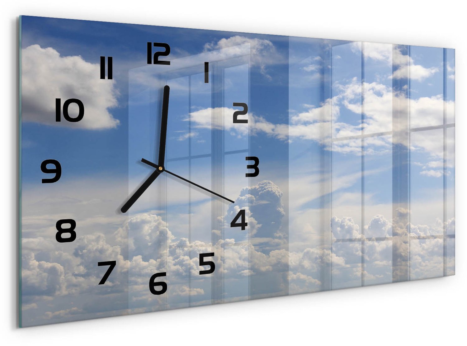 TULUP Wandklok - Wolken aan de hemel Klok Glas Met Opdruk - 60x30 cm - Blauw Moderne Wandklok Glas - Zwarte handen - Rechthoekige Klok - Decoratieve Glazen Klok - Glazen Wandklok Design