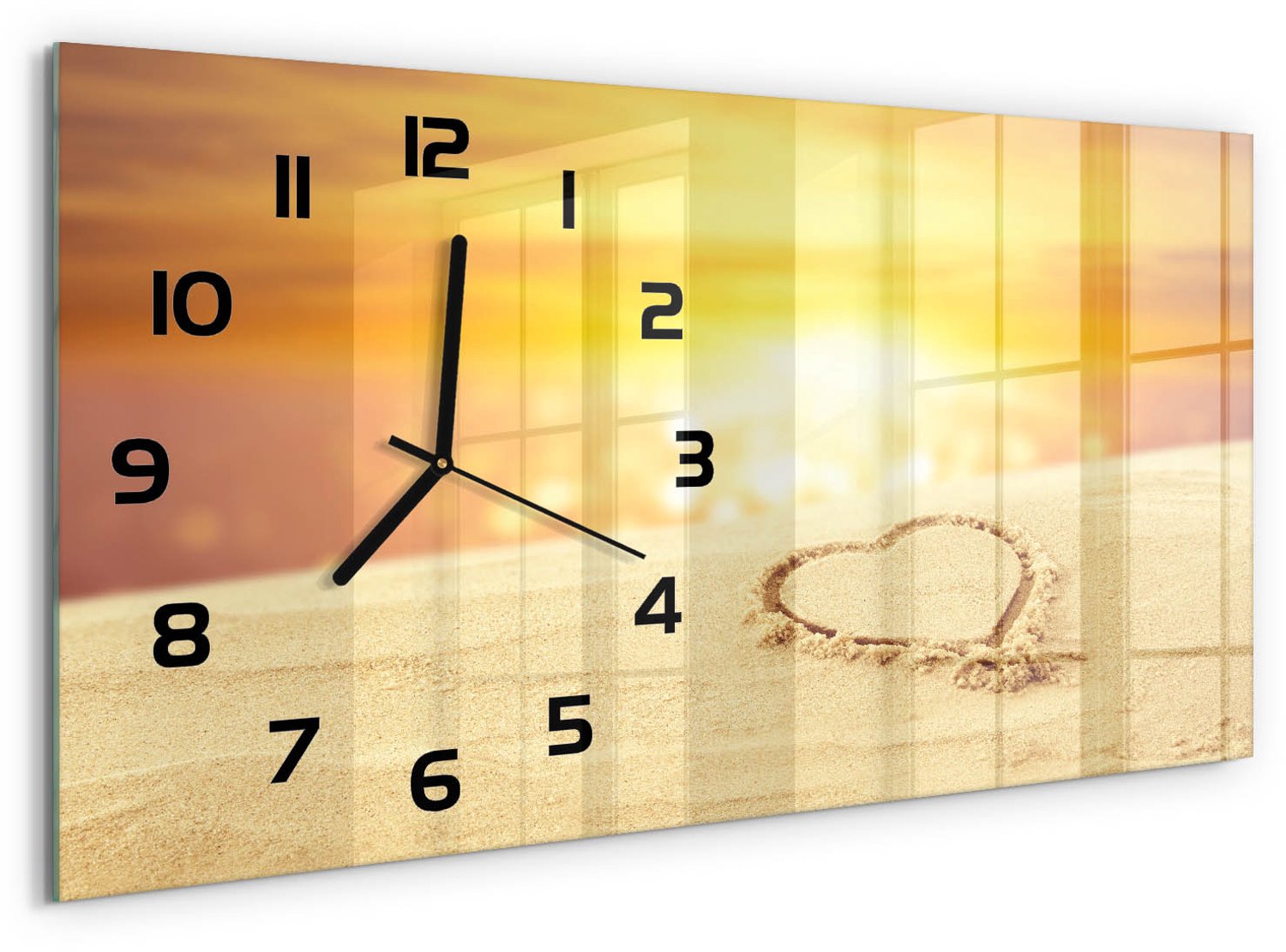 TULUP Wandklok - Hart in het zand Glazen Wandklok Design - 60x30 cm - Geel Klok Glas Met Opdruk - Zwarte handen - Rechthoekige Klok - Wandklok Glas Met Motief - Decoratieve Glazen Klok