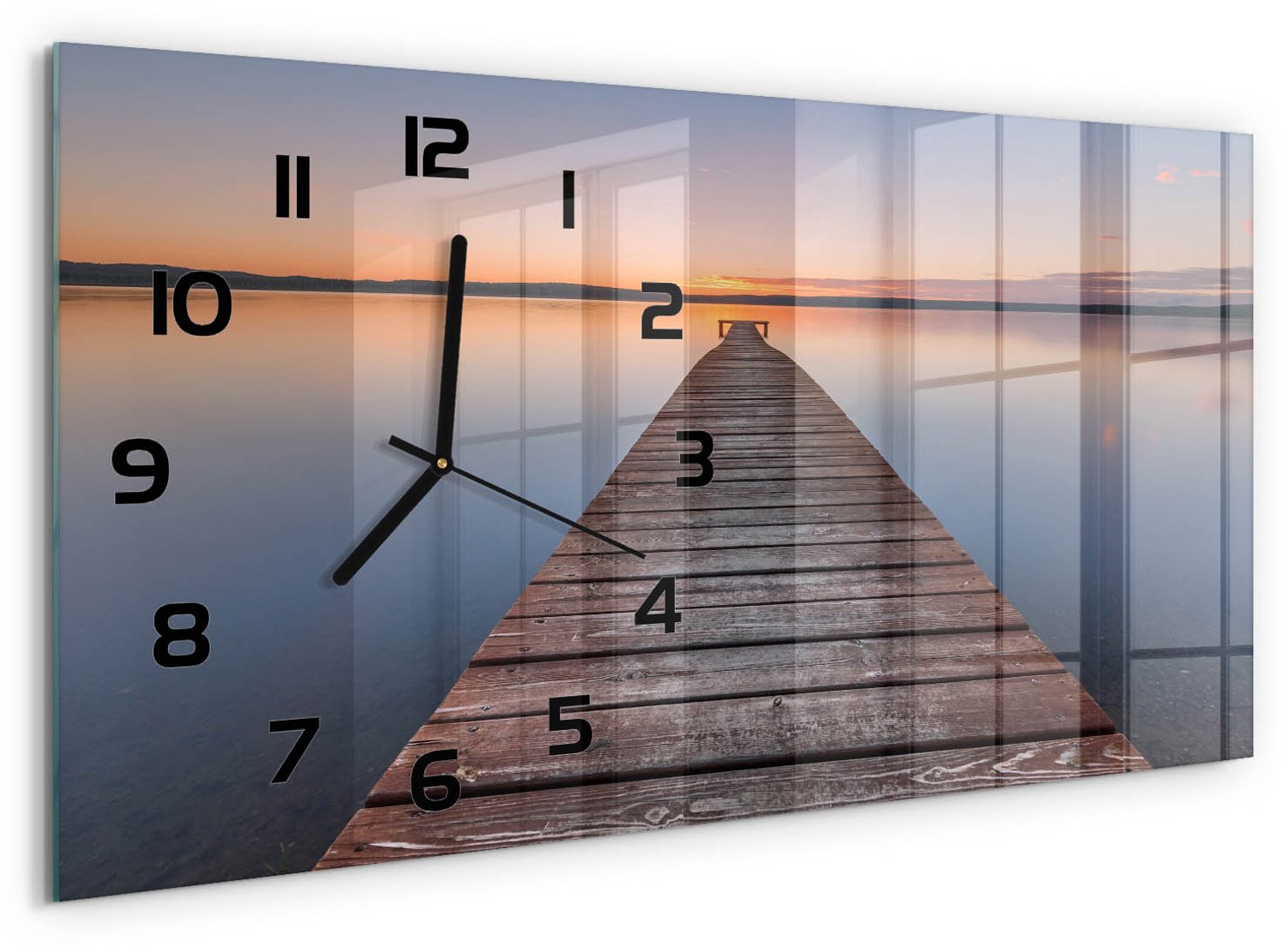 TULUP Wandklok - Houten brug Glazen Wandklok Design - 60x30 cm - Bruin Klok Glas Met Opdruk - Zwarte handen - Rechthoekige Klok - Wandklok Glas Met Motief - Decoratieve Glazen Klok