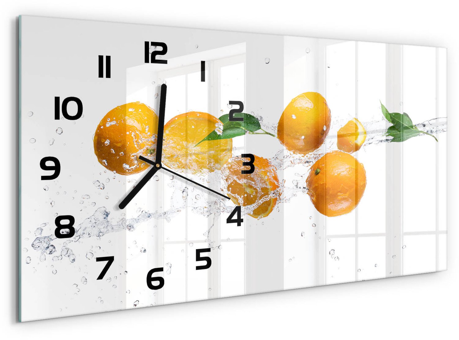 TULUP Wandklok - Sinaasappels en water Glazen Wandklok Design - 60x30 cm - Geel Klok Glas Met Opdruk - Zwarte handen - Rechthoekige Klok - Wandklok Glas Met Motief - Decoratieve Glazen Klok
