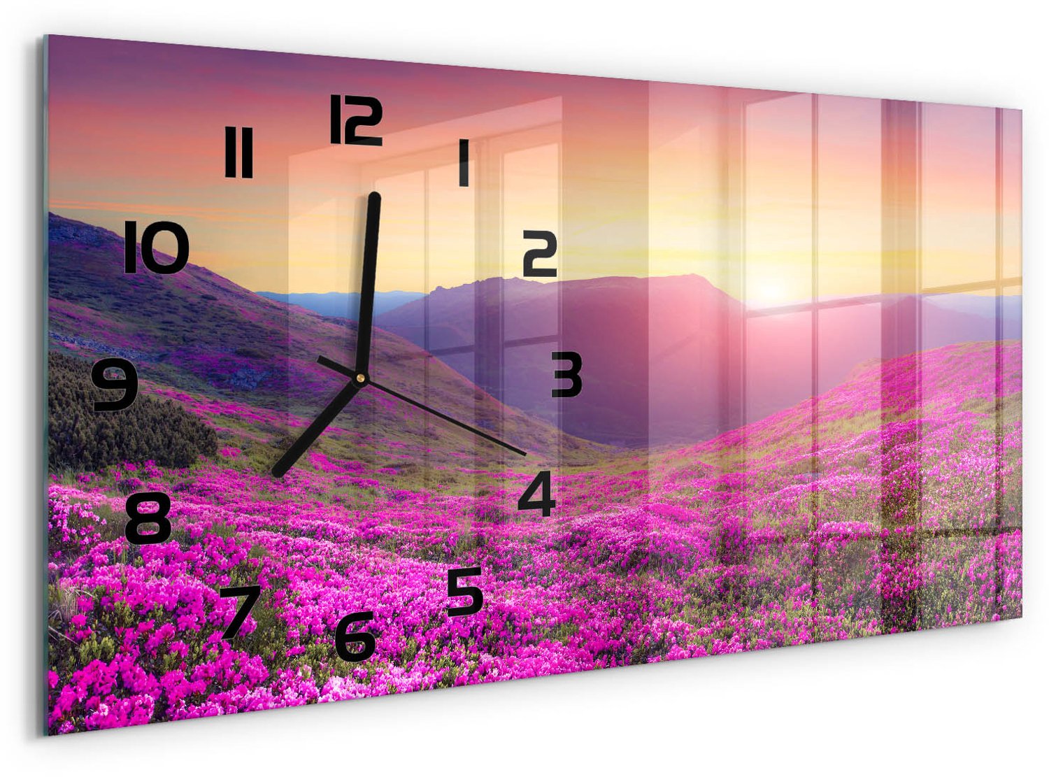 TULUP Wandklok - Rhododendrongebergte Decoratieve Glazen Klok - 60x30 cm - Roze Glazen Wandklok Design - Zwarte handen - Rechthoekige Klok - Glazen Klok Met Print - Wandklok Glas Met Motief