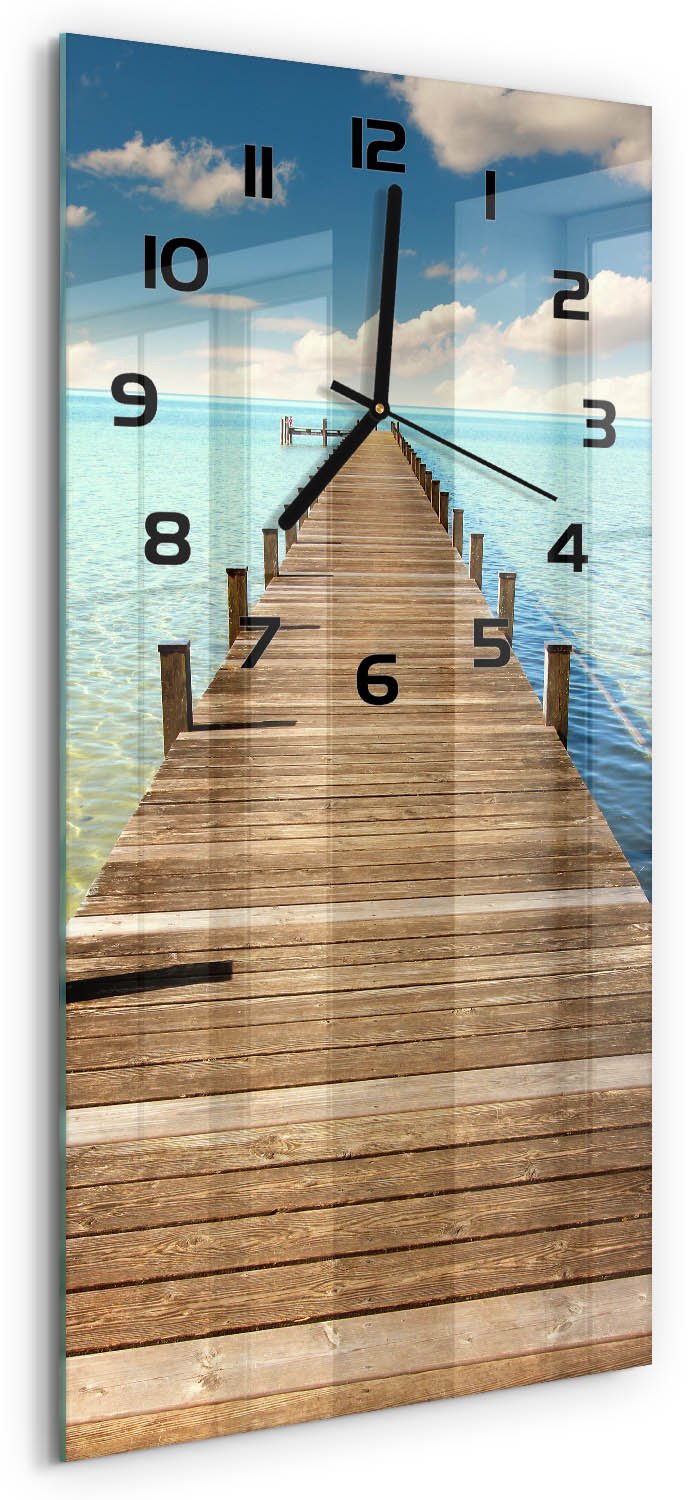 Tulup Wandklok - Houten brug Decoratieve Glazen Klok - 30x60 cm - Blauw Glazen Wandklok Design - Zwarte handen - Rechthoekige Klok - Glazen Klok Met Print - Wandklok Glas Met Motief