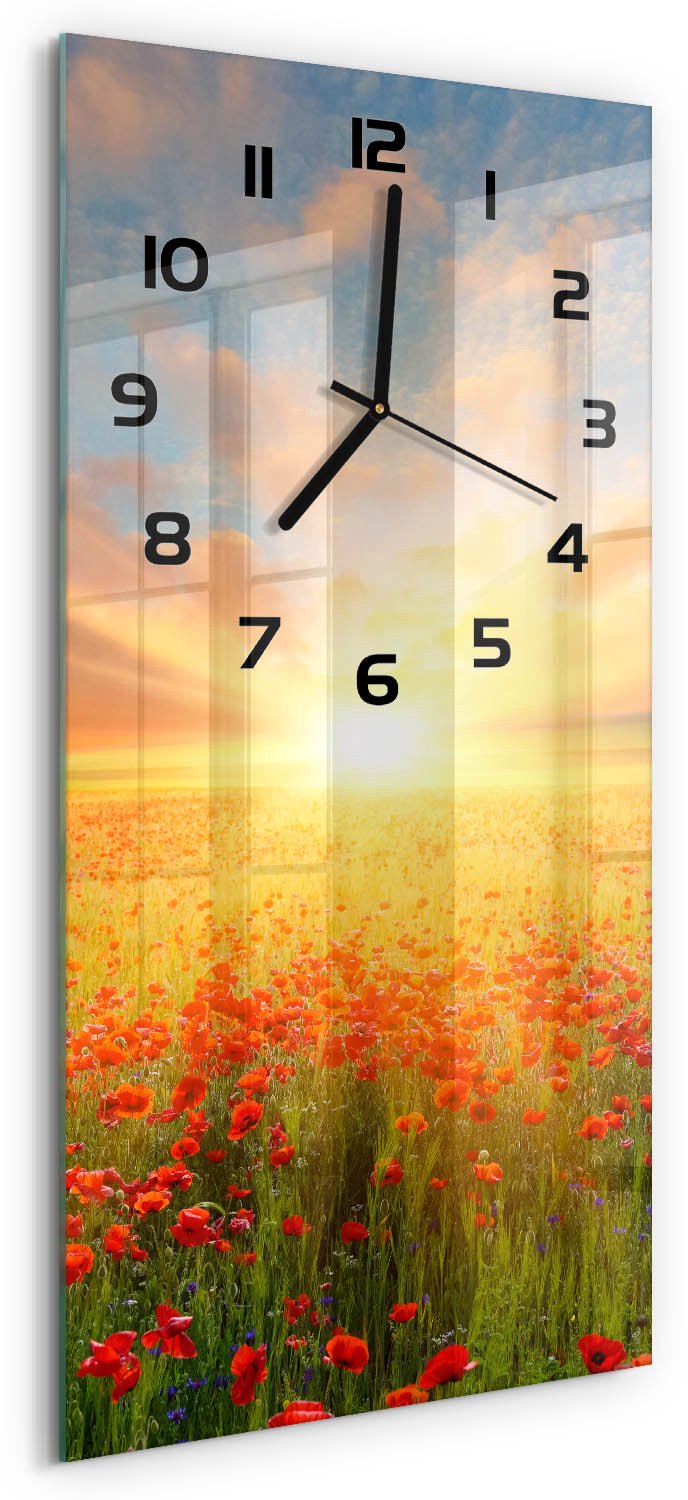 Tulup Wandklok - Klaproosveld Klok Glas Met Opdruk - 30x60 cm - Geel Moderne Wandklok Glas - Zwarte handen - Rechthoekige Klok - Decoratieve Glazen Klok - Glazen Wandklok Design