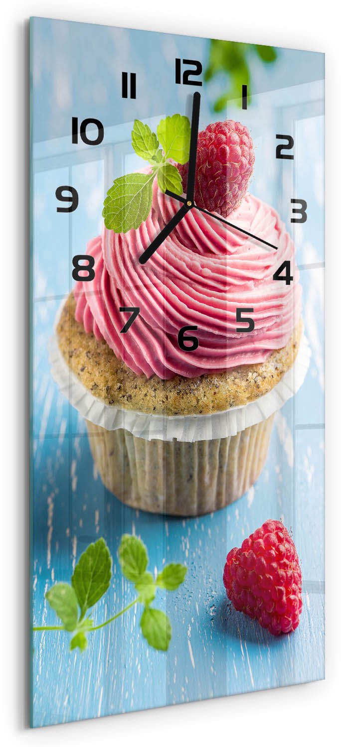 Tulup Wandklok - Frambozenmuffin Moderne Wandklok Glas - 30x60 cm - Rood Wandklok Glas Decoratie - Zwarte handen - Rechthoekige Klok - Glazen Wandklok Design - Klok Glas Met Opdruk