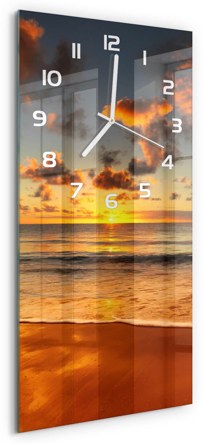 Tulup Wandklok - Australisch strand Wandklok Glas Met Motief - 30x60 cm - Oranje Decoratieve Glazen Klok - Witte handen - Rechthoekige Klok - Gekleurde Glazen Klok - Glazen Klok Met Print