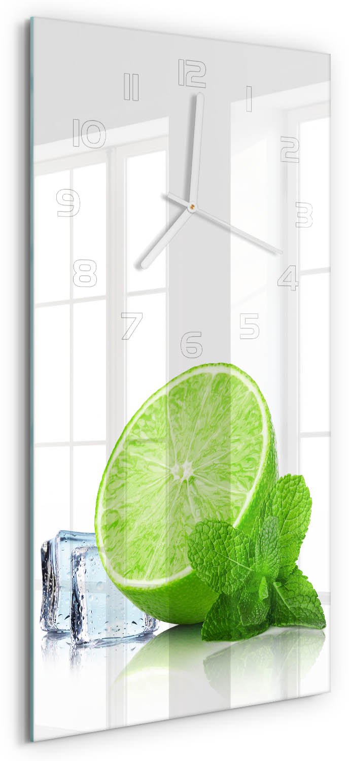 Tulup Wandklok - Limoen met ijs Glazen Wandklok Design - 30x60 cm - Groente Klok Glas Met Opdruk - Witte handen - Rechthoekige Klok - Wandklok Glas Met Motief - Decoratieve Glazen Klok