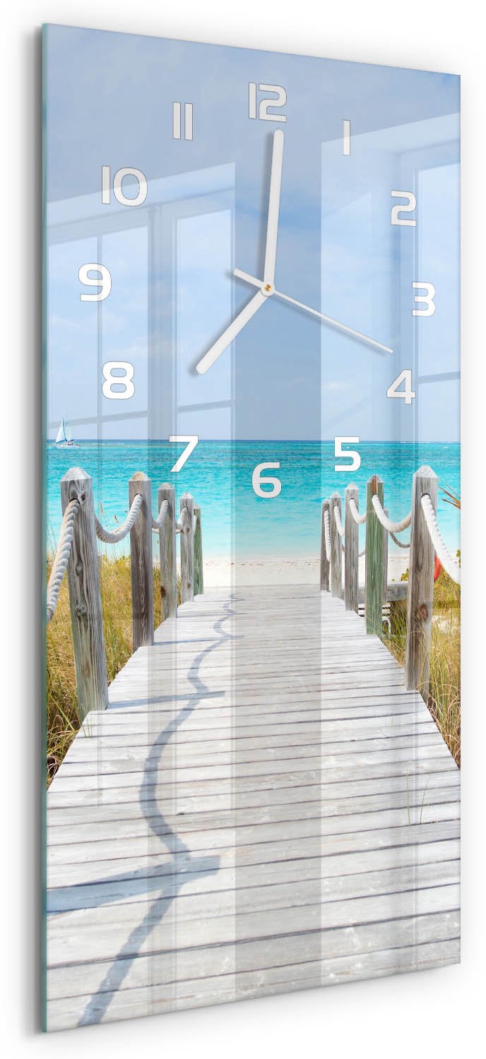Tulup Wandklok - De weg naar het strand Klok Glas Met Opdruk - 30x60 cm - Blauw Moderne Wandklok Glas - Witte handen - Rechthoekige Klok - Decoratieve Glazen Klok - Glazen Wandklok Design