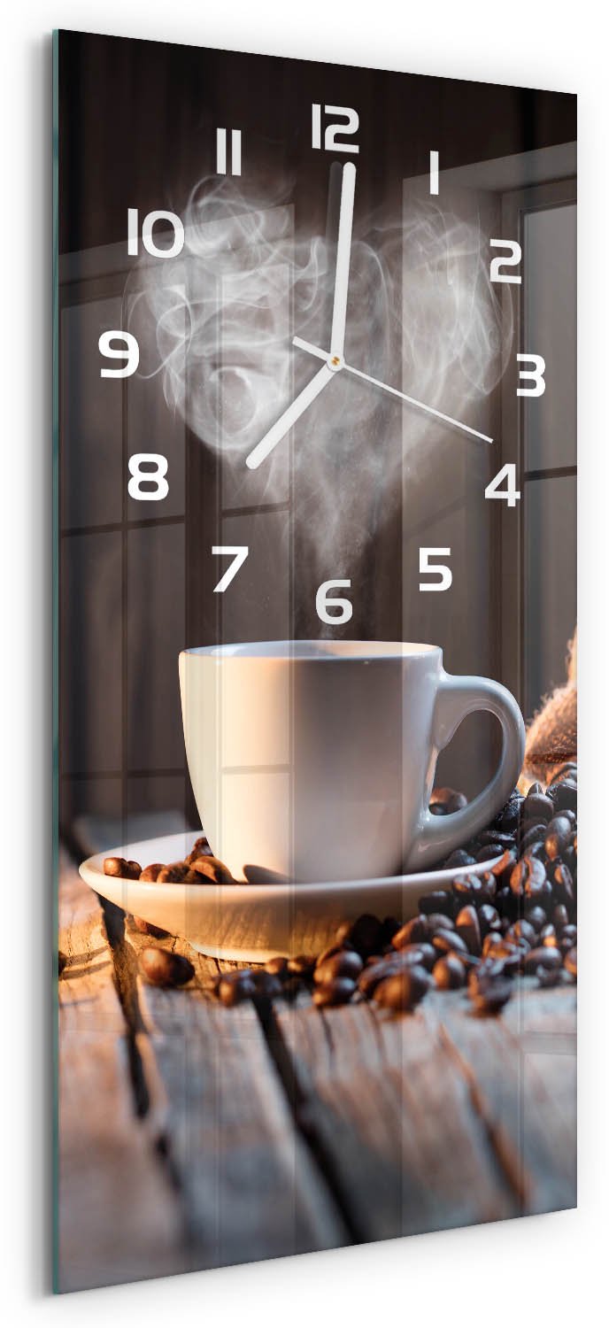 Tulup Wandklok - Kopje koffie Wandklok Glas Met Motief - 30x60 cm - Bruin Decoratieve Glazen Klok - Witte handen - Rechthoekige Klok - Gekleurde Glazen Klok - Glazen Klok Met Print