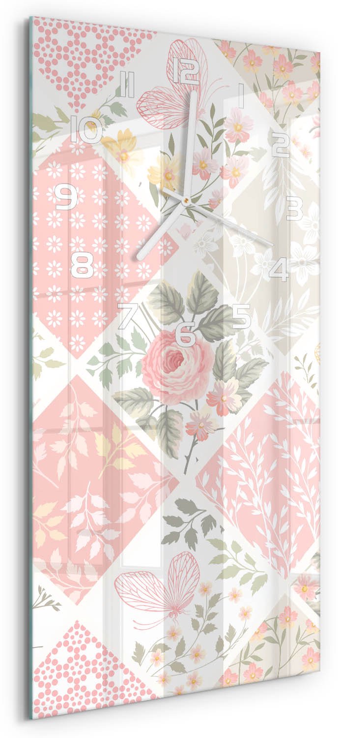 Tulup Wandklok - Bloemenpatroon Wandklok Glas Met Motief - 30x60 cm - Roze Decoratieve Glazen Klok - Witte handen - Rechthoekige Klok - Gekleurde Glazen Klok - Glazen Klok Met Print