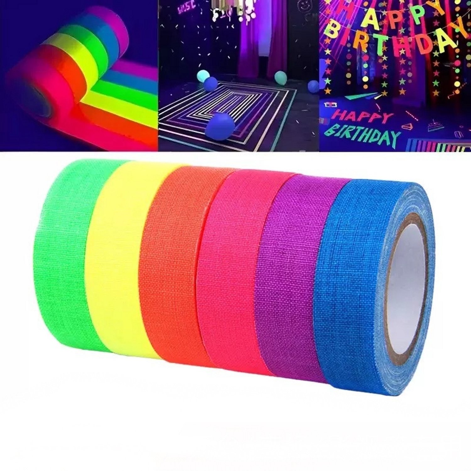 Fluorescerende neon-tape in 6 kleuren – UV-blacklight-tape – Glow-in-the-dark-tape – Geschikt voor feestjes, kunst, knutselwerk en decoratie – 1,5 cm breed, 5 m lang per rol