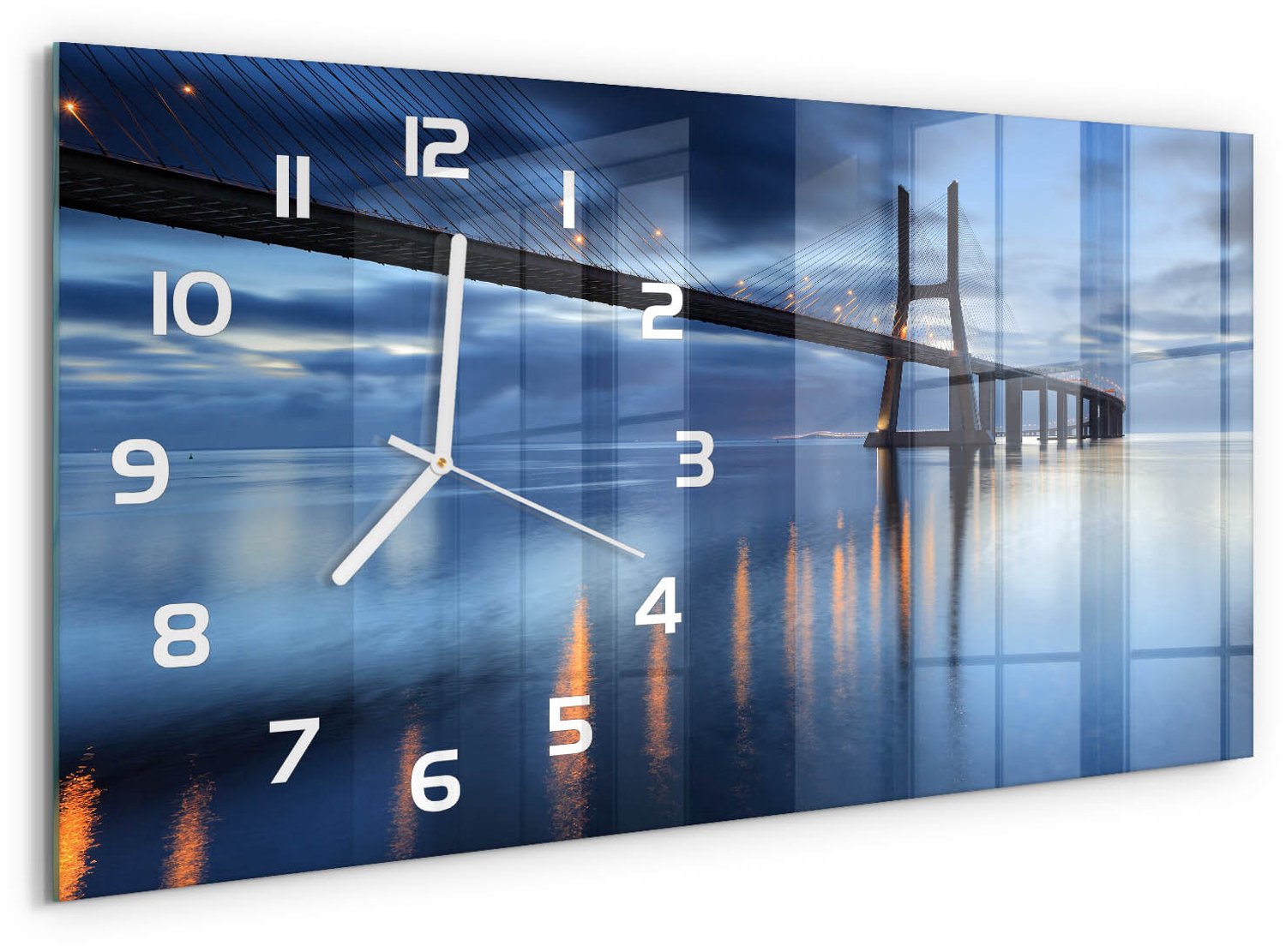 TULUP Wandklok - Verlichte Brug Glazen Klok Met Print - 60x30 cm - Blauw Wandklok Glas Met Motief - Witte handen - Rechthoekige Klok - Wandklok Glas Decoratie - Gekleurde Glazen Klok