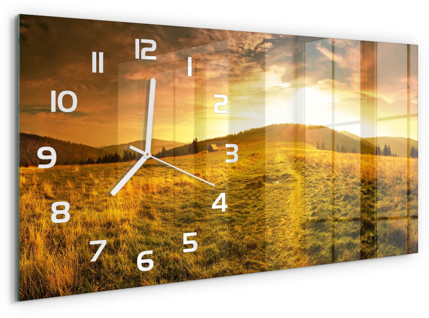 TULUP Wandklok - Panorama van de Hoge Tatra Wandklok Glas Met Motief - 60x30 cm - Oranje Decoratieve Glazen Klok - Witte handen - Rechthoekige Klok - Gekleurde Glazen Klok - Glazen Klok Met Print