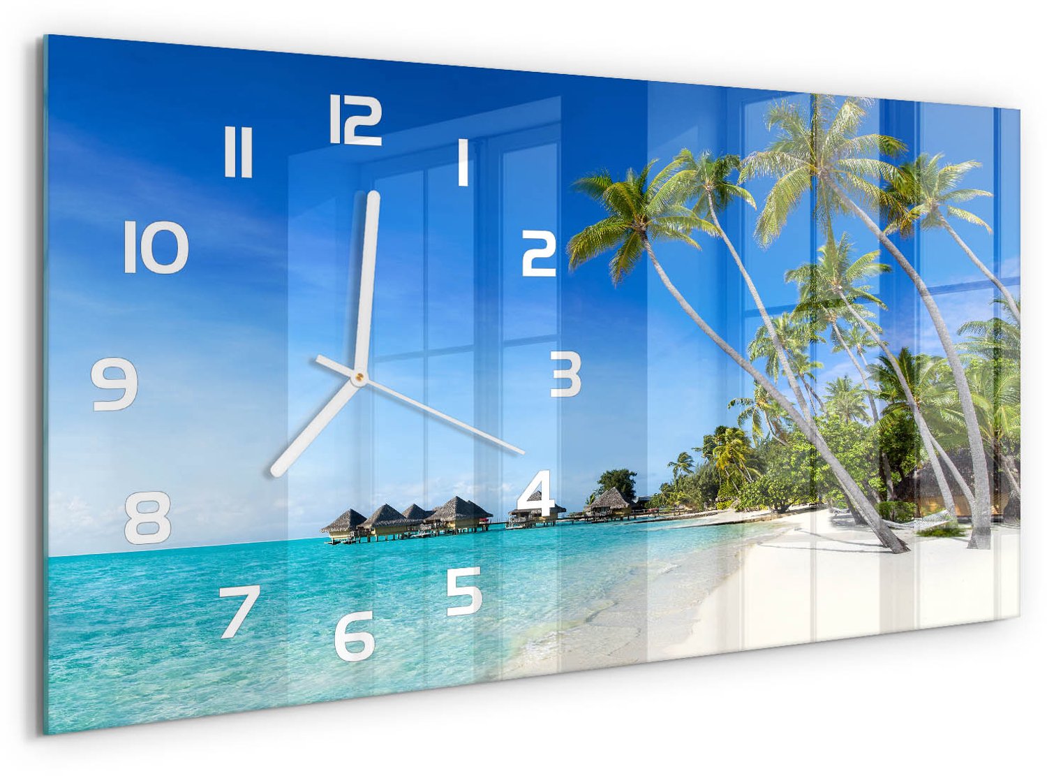 TULUP Wandklok - Maldiven Gekleurde Glazen Klok - 60x30 cm - Blauw Glazen Klok Met Print - Witte handen - Rechthoekige Klok - Moderne Wandklok Glas - Wandklok Glas Decoratie