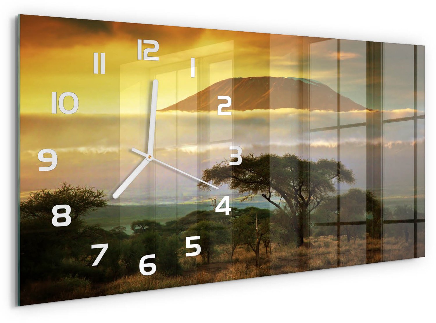 TULUP Wandklok - Kilimanjaro Kenia Glazen Wandklok Design - 60x30 cm - Geel Klok Glas Met Opdruk - Witte handen - Rechthoekige Klok - Wandklok Glas Met Motief - Decoratieve Glazen Klok