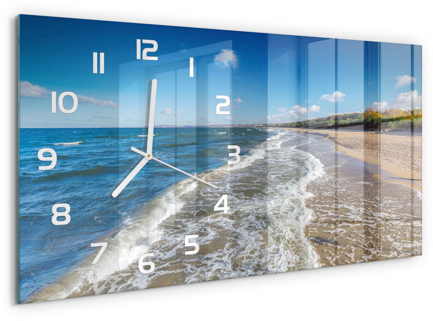 TULUP Wandklok - Oostzee Glazen Klok Met Print - 60x30 cm - Blauw Wandklok Glas Met Motief - Witte handen - Rechthoekige Klok - Wandklok Glas Decoratie - Gekleurde Glazen Klok