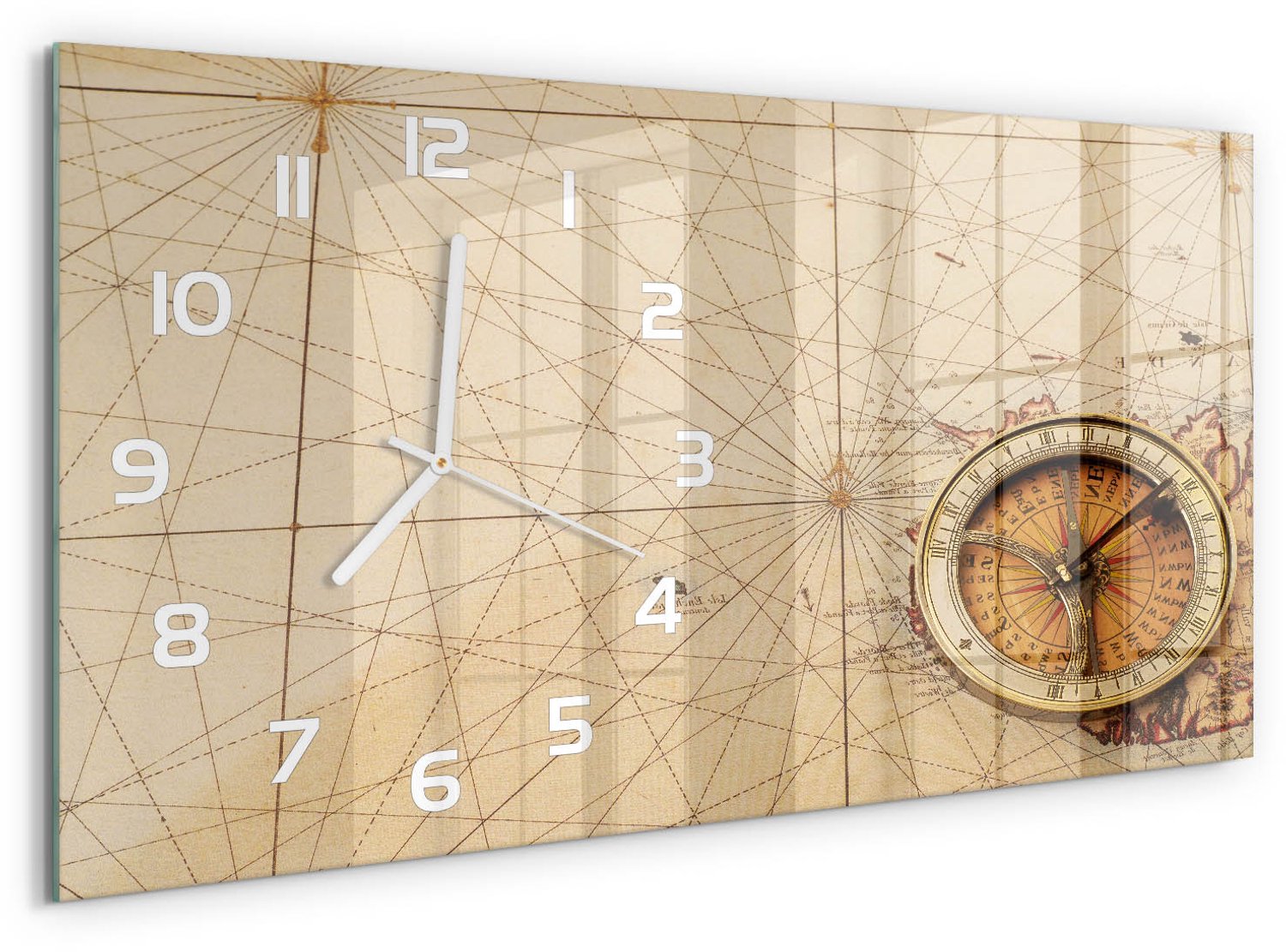 TULUP Wandklok - Kompas op de kaart Glazen Wandklok Design - 60x30 cm - Beige Klok Glas Met Opdruk - Witte handen - Rechthoekige Klok - Wandklok Glas Met Motief - Decoratieve Glazen Klok