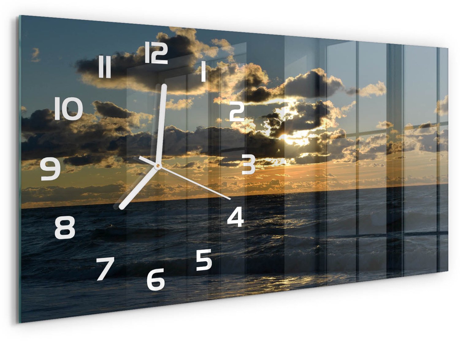 TULUP Wandklok - Zonsondergang op zee Decoratieve Glazen Klok - 60x30 cm - Geel Glazen Wandklok Design - Witte handen - Rechthoekige Klok - Glazen Klok Met Print - Wandklok Glas Met Motief