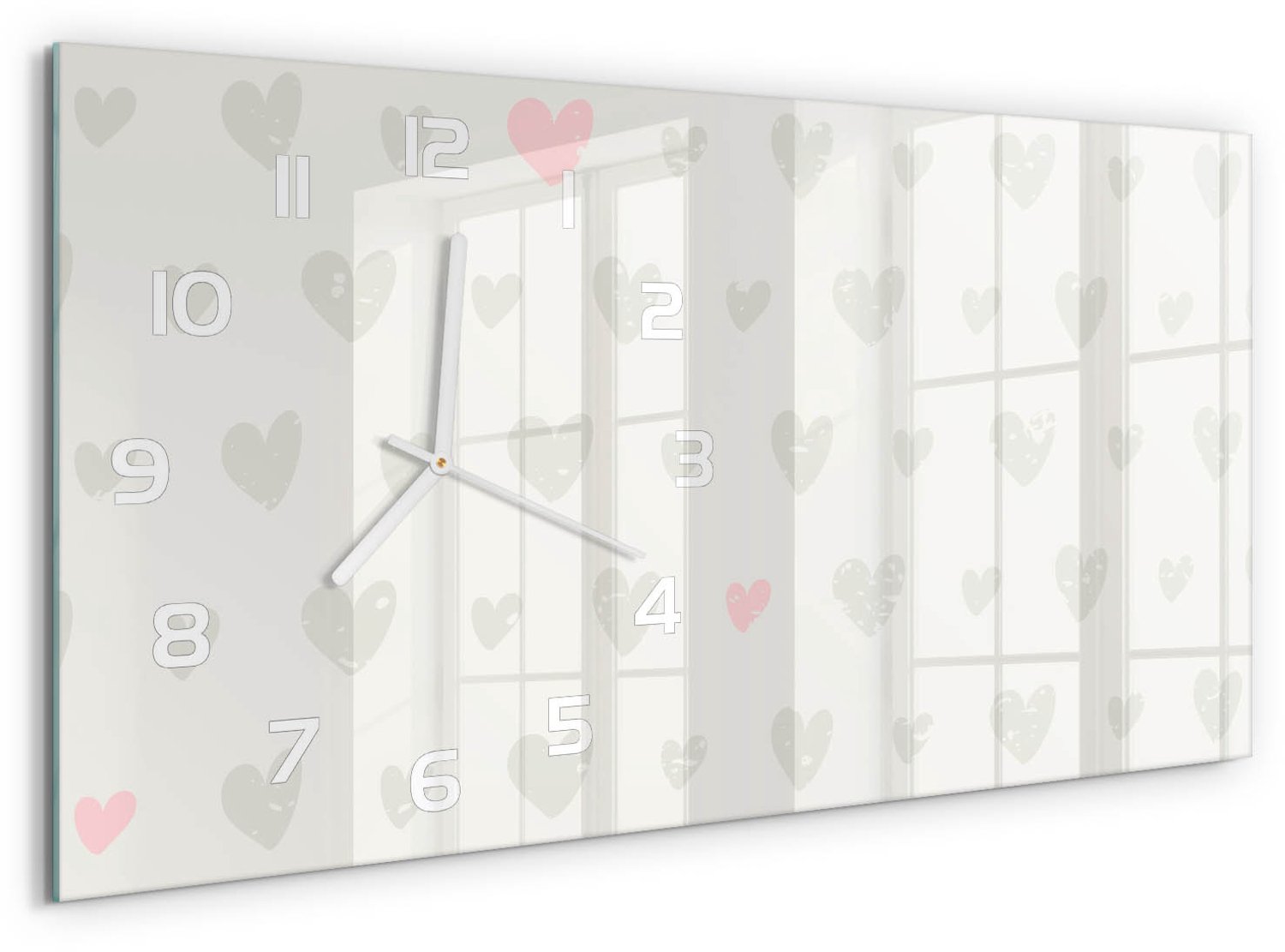 TULUP Wandklok - Hartachtergrond Moderne Wandklok Glas - 60x30 cm - Grijs Wandklok Glas Decoratie - Witte handen - Rechthoekige Klok - Glazen Wandklok Design - Klok Glas Met Opdruk