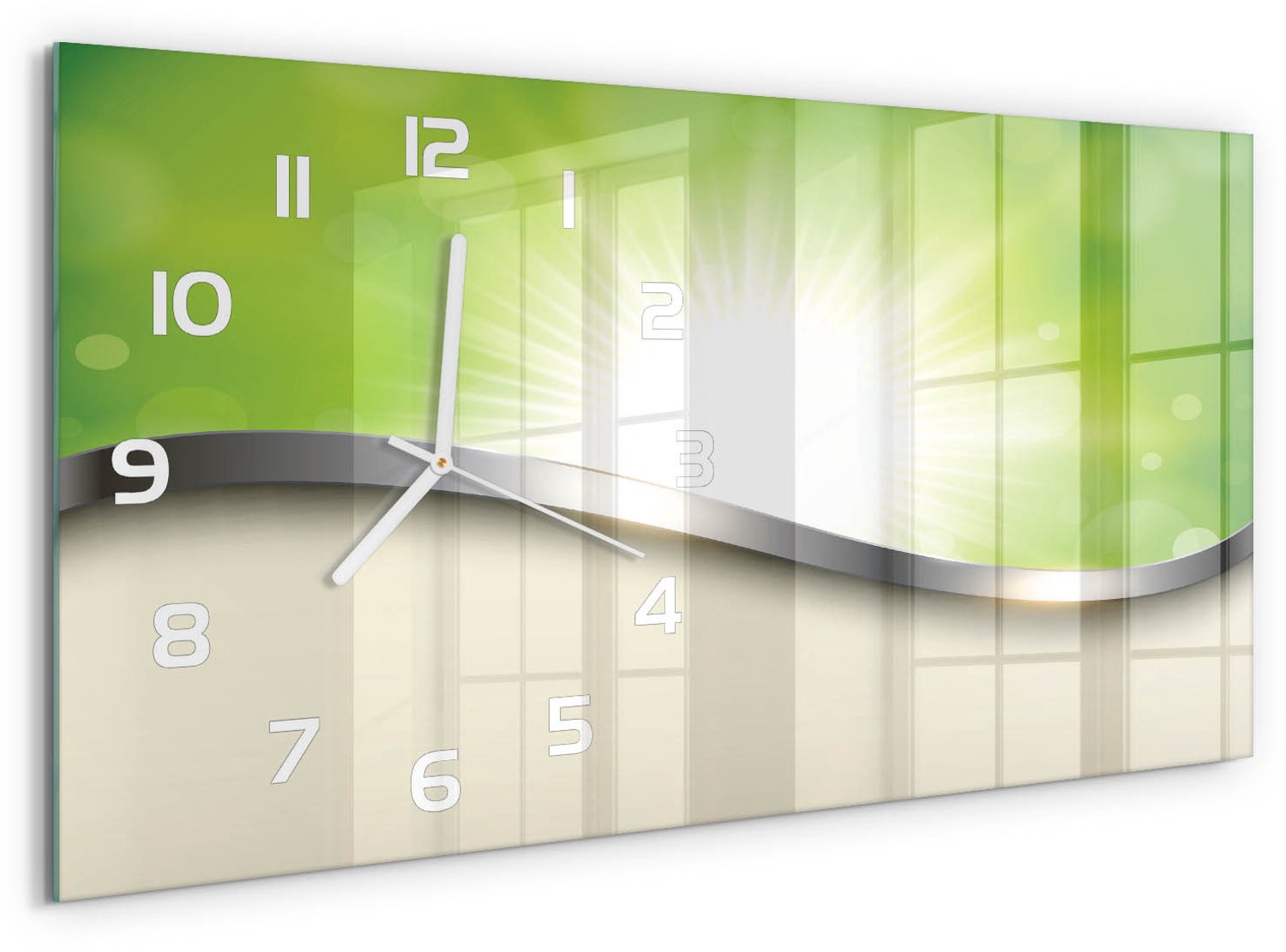 TULUP Wandklok - Groene abstractie Glazen Wandklok Design - 60x30 cm - Groente Klok Glas Met Opdruk - Witte handen - Rechthoekige Klok - Wandklok Glas Met Motief - Decoratieve Glazen Klok