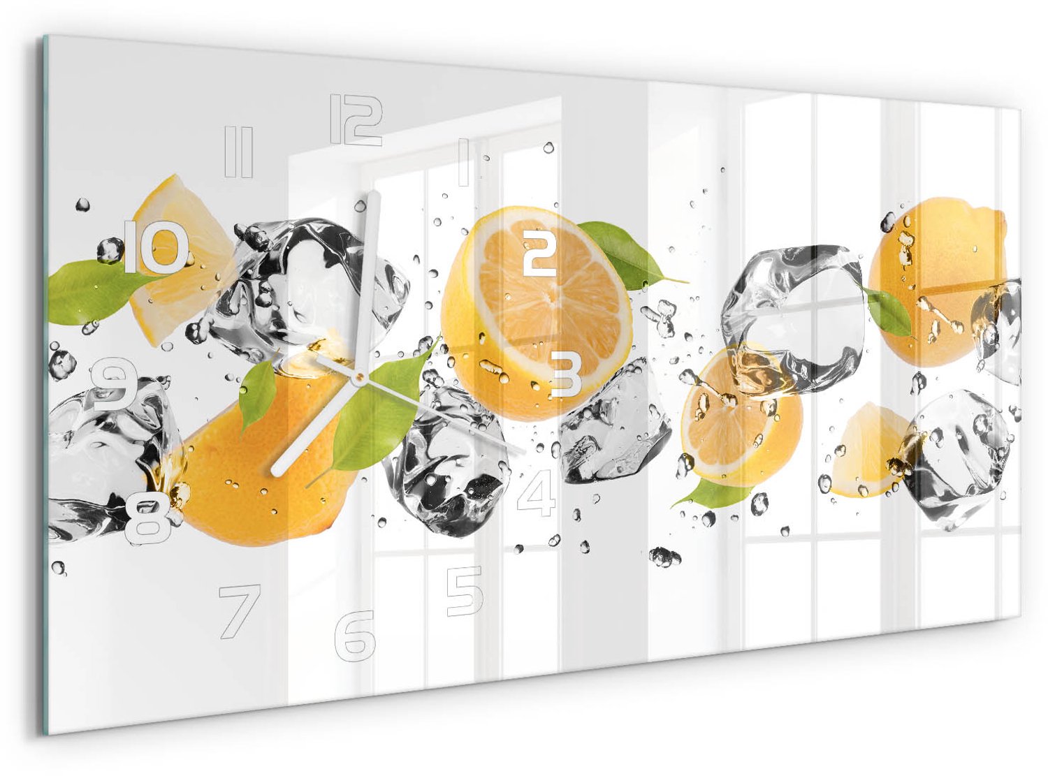 TULUP Wandklok - Citroen en water Glazen Wandklok Design - 60x30 cm - Geel Klok Glas Met Opdruk - Witte handen - Rechthoekige Klok - Wandklok Glas Met Motief - Decoratieve Glazen Klok