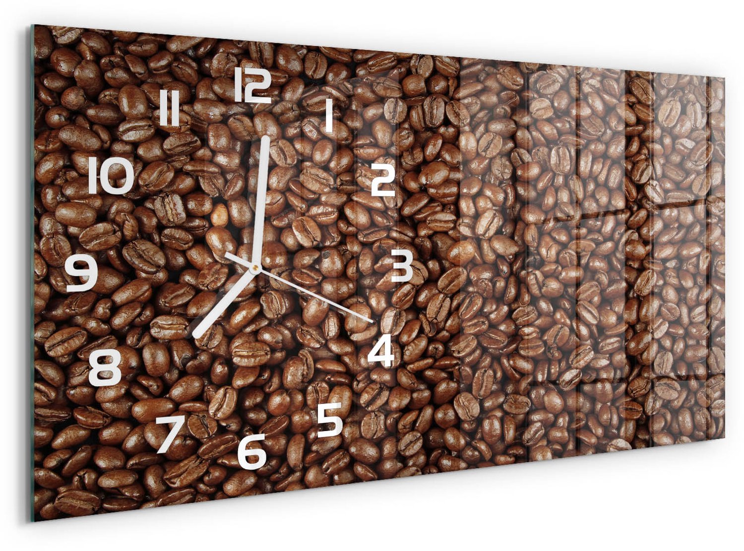 TULUP Wandklok - Koffiebonen Glazen Klok Met Print - 60x30 cm - Bruin Wandklok Glas Met Motief - Witte handen - Rechthoekige Klok - Wandklok Glas Decoratie - Gekleurde Glazen Klok