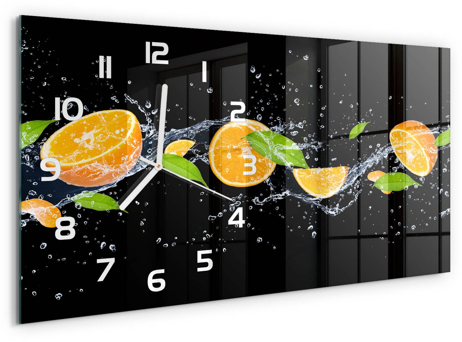 TULUP Wandklok - Sinaasappels en water Moderne Wandklok Glas - 60x30 cm - Oranje Wandklok Glas Decoratie - Witte handen - Rechthoekige Klok - Glazen Wandklok Design - Klok Glas Met Opdruk