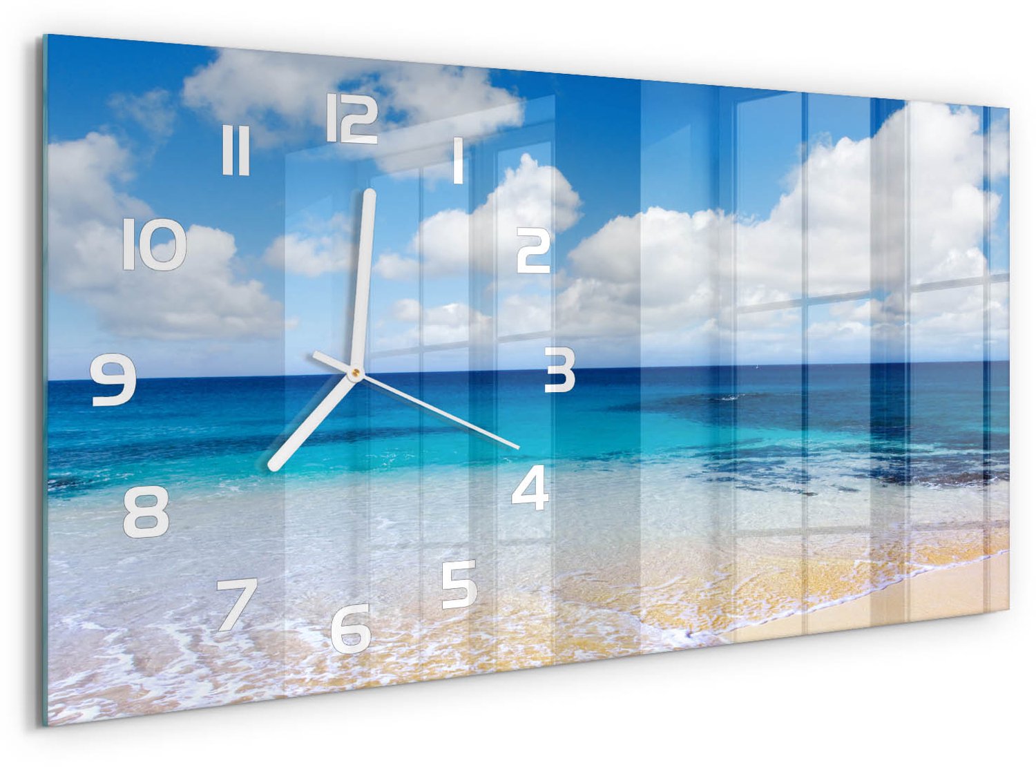 TULUP Wandklok - Kalme zee Moderne Wandklok Glas - 60x30 cm - Blauw Wandklok Glas Decoratie - Witte handen - Rechthoekige Klok - Glazen Wandklok Design - Klok Glas Met Opdruk