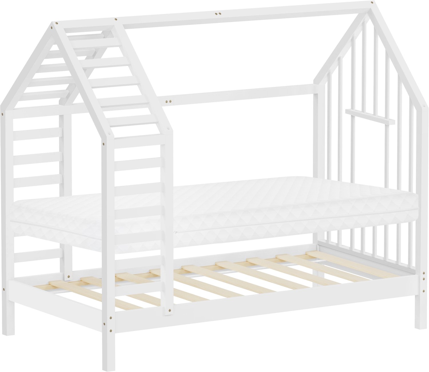 ml-design Kinderbed 80 x 160 cm met matras , huisbed met dak en raam, robuust bedframe van massief grenenhout, montessoribed voor meisjes en jongens belastbaar tot 90 kg, houten peuterbed met een eenvoudige montage voor de slaapkamer, wit