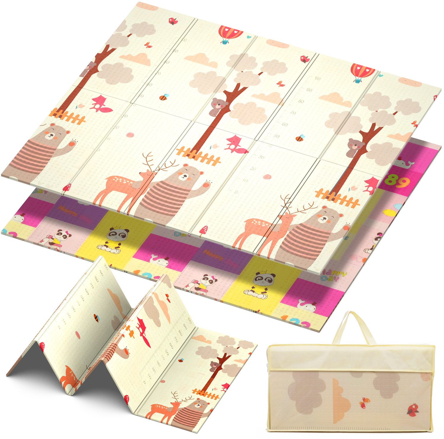 Arvioo - baby speelmat - panda - 200x180cm - dubbelzijdig - opvouwbaar - met opbergtas