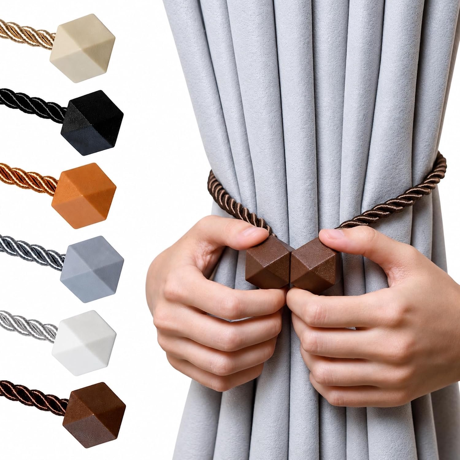 Magnetische gordijnhouders (set van 2) — Kubusvormige magneetsluiting — Magnetische gordijnclip — Minimalistische gordijnhouder – Koffie