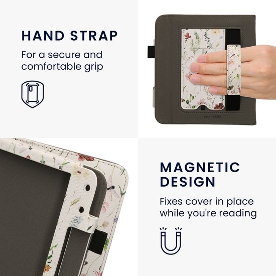 kwmobile e-reader hoesje geschikt voor Kobo Libra Colour hoes - E reader flip case van kunstleer - Ereader cover met stand - Daisy-varens design in wit / geel / groen — afbeelding 4
