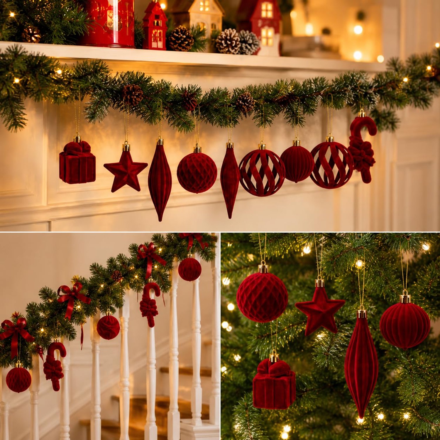 Kerstboomversiering - Kerstornamenten - Fluwelen Kerstballen - Kersthangers Set - Kerstboom Woonkamer - 28 Stuks 15 Vormen - Bordeauxrood – foto 5