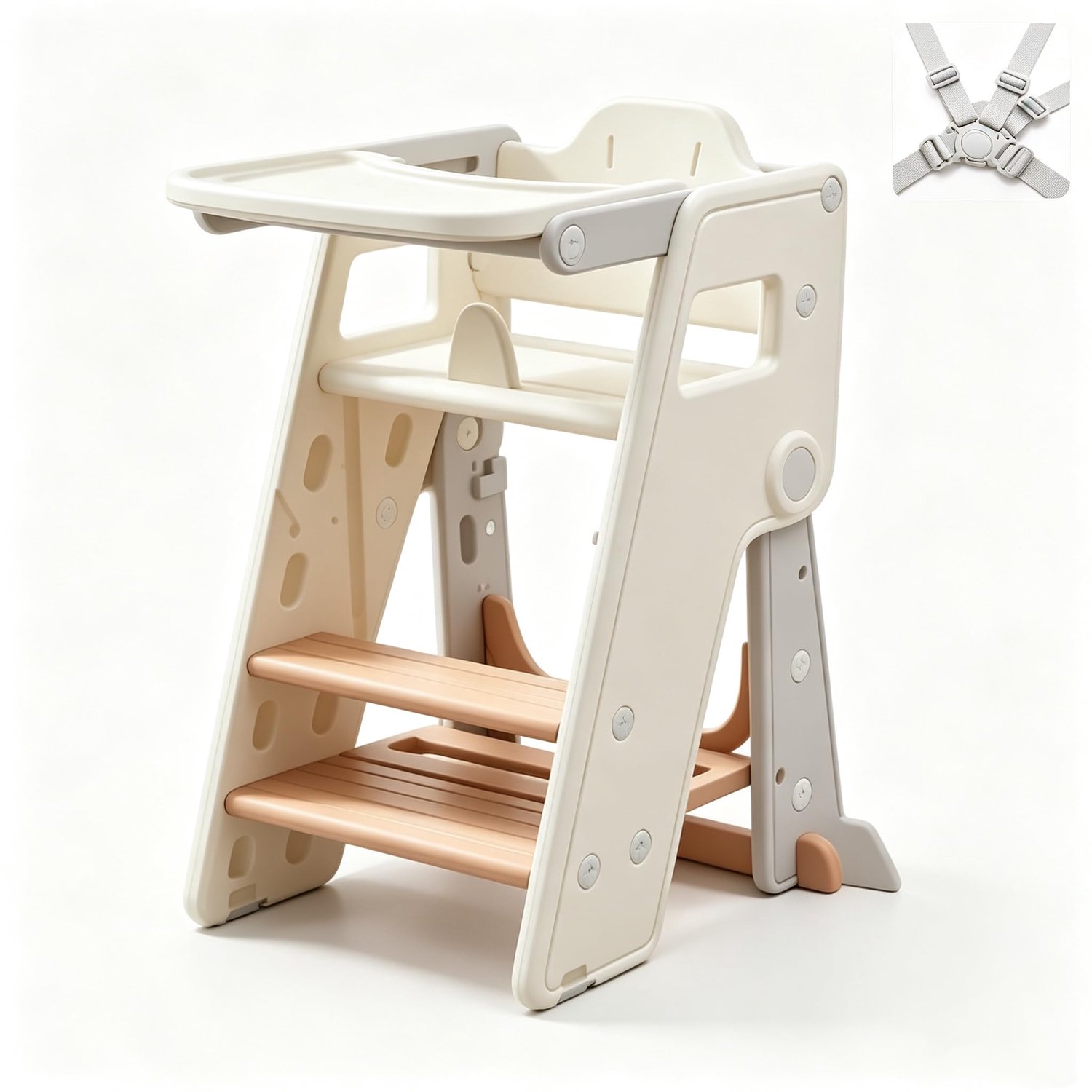 Opvouwbare 3‑in‑1 Leertoren voor peuters – Hoogteverstelbare keukenhulp met lade, antislip stapladder van HDPE materiaal – Wit‑Bruin