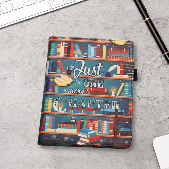 kwmobile e-reader hoesje geschikt voor Kobo Aura H2O Edition 2 hoes - E reader flip case van kunstleer - Ereader cover met stand - bibliotheek design in meerkleurig — afbeelding 4