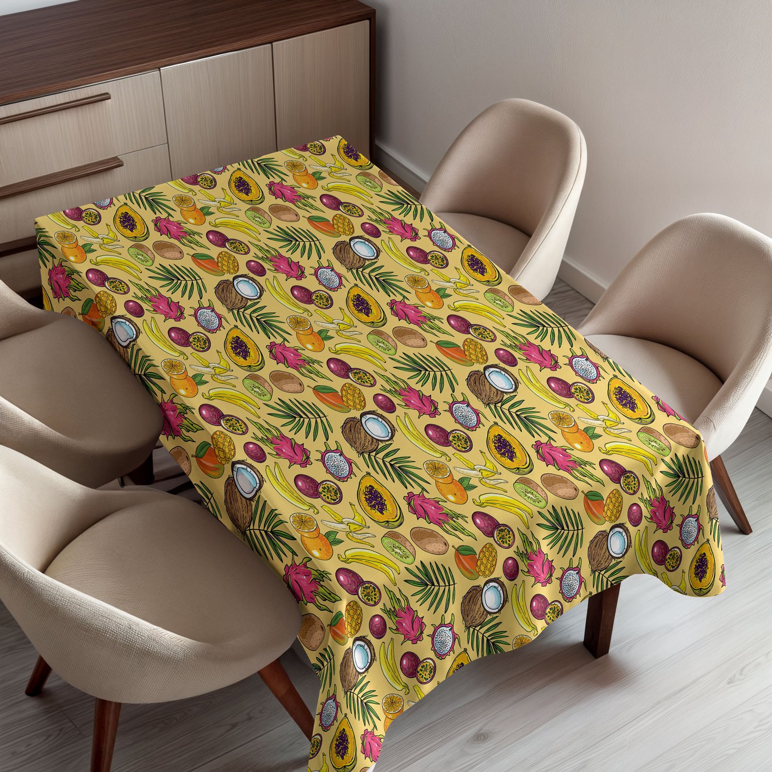 ABAKUHAUS Fruit Tafelkleed, Diverse Tropische Vruchten Kiwi Mango Papaja Kokosnoot Sappig Tropisch Zomervoedsel, Rechthoekig Tafelkleed voor Eetkamer Keukendecoratie, 130 x 150 cm, Magenta Geel