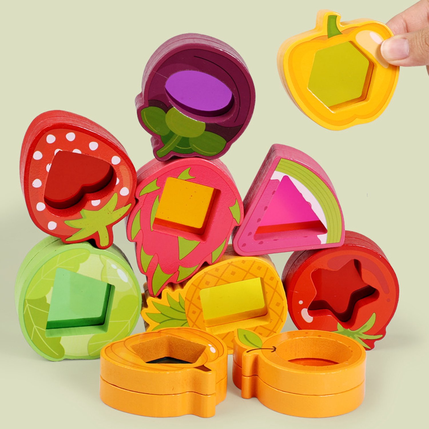 Montessori-speelgoed – Sorteerspel met fruitvormen – Inclusief 10 stuks fruit en groente – Bevordert de motoriek – Geschikt voor jongens en meisjes van 1 tot 3 jaar