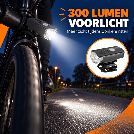 Dutch Standard Fietslampenset - Voorlicht 300 Lumen en Achterlicht - USB-C Oplaadbaar - Zwart — afbeelding 5