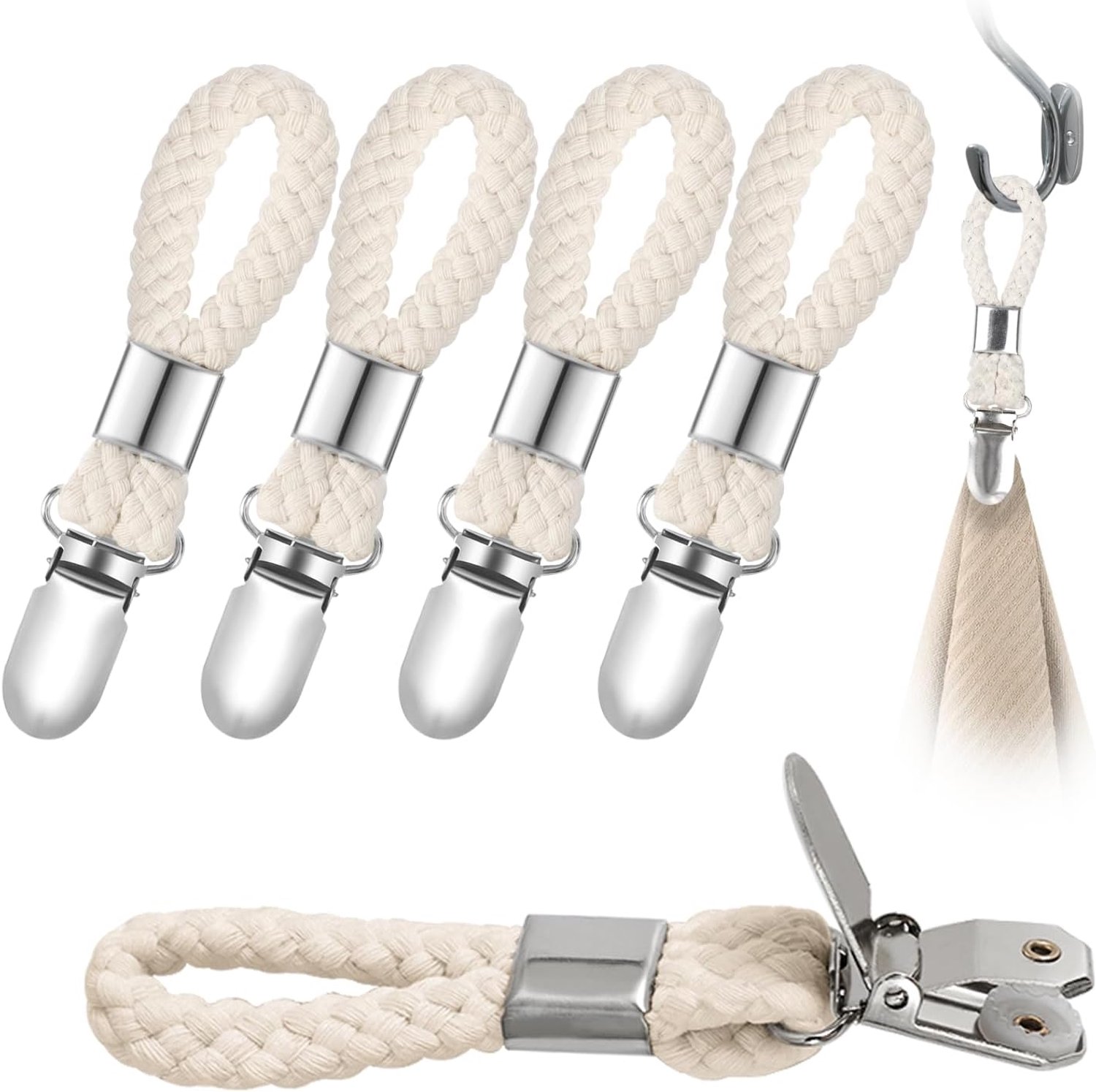 Handdoekhaakjes - Handdoekclips - Metal Klemclip voor Theedoek en Handdoek - Met Gevlochten Katoenen Lus - Voor Keuken en Badkamer - 6 Stuks - Beige