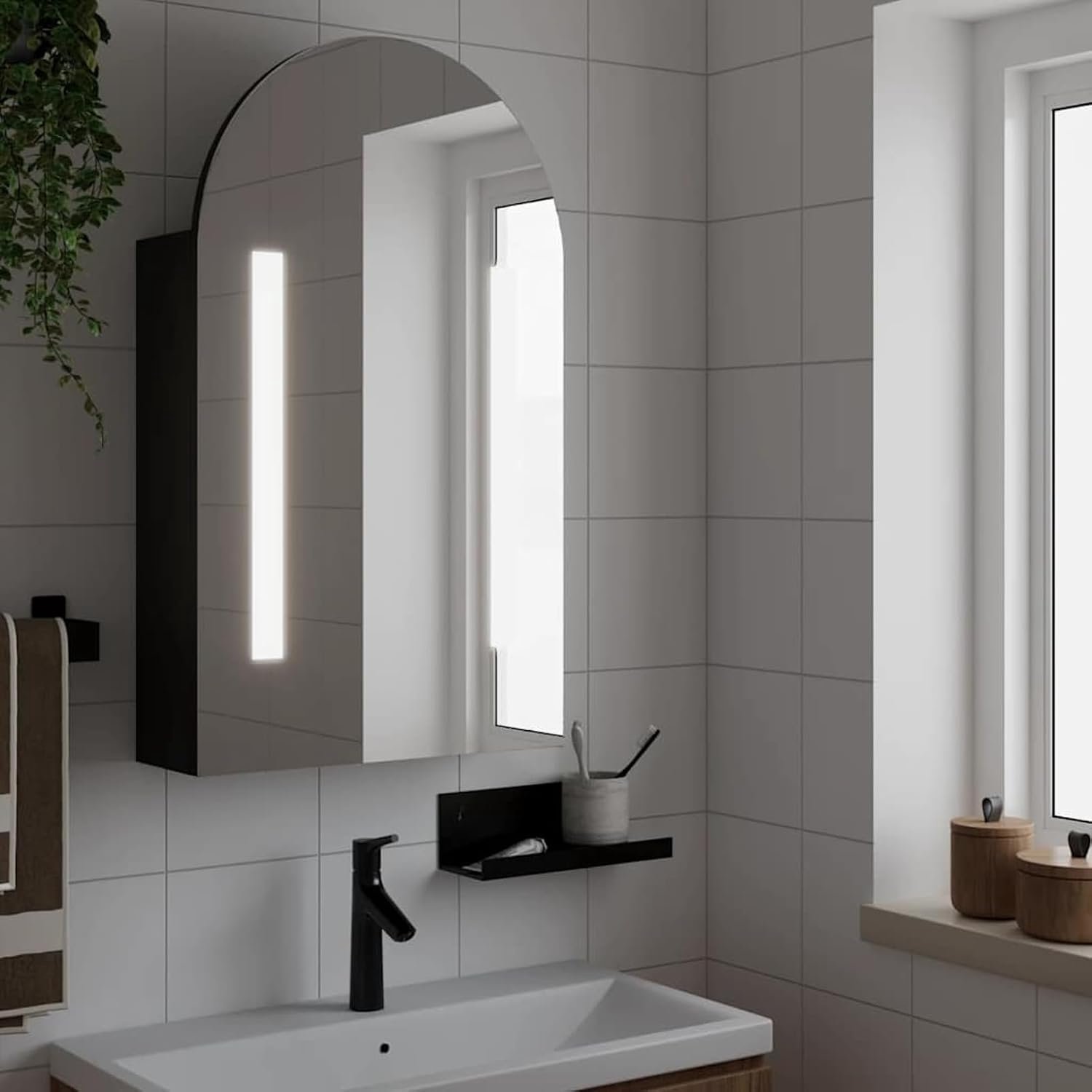 Spiegelkast met ledverlichting, zwart, 42 cm breed, houtmateriaal, met legplanken, badkamer
