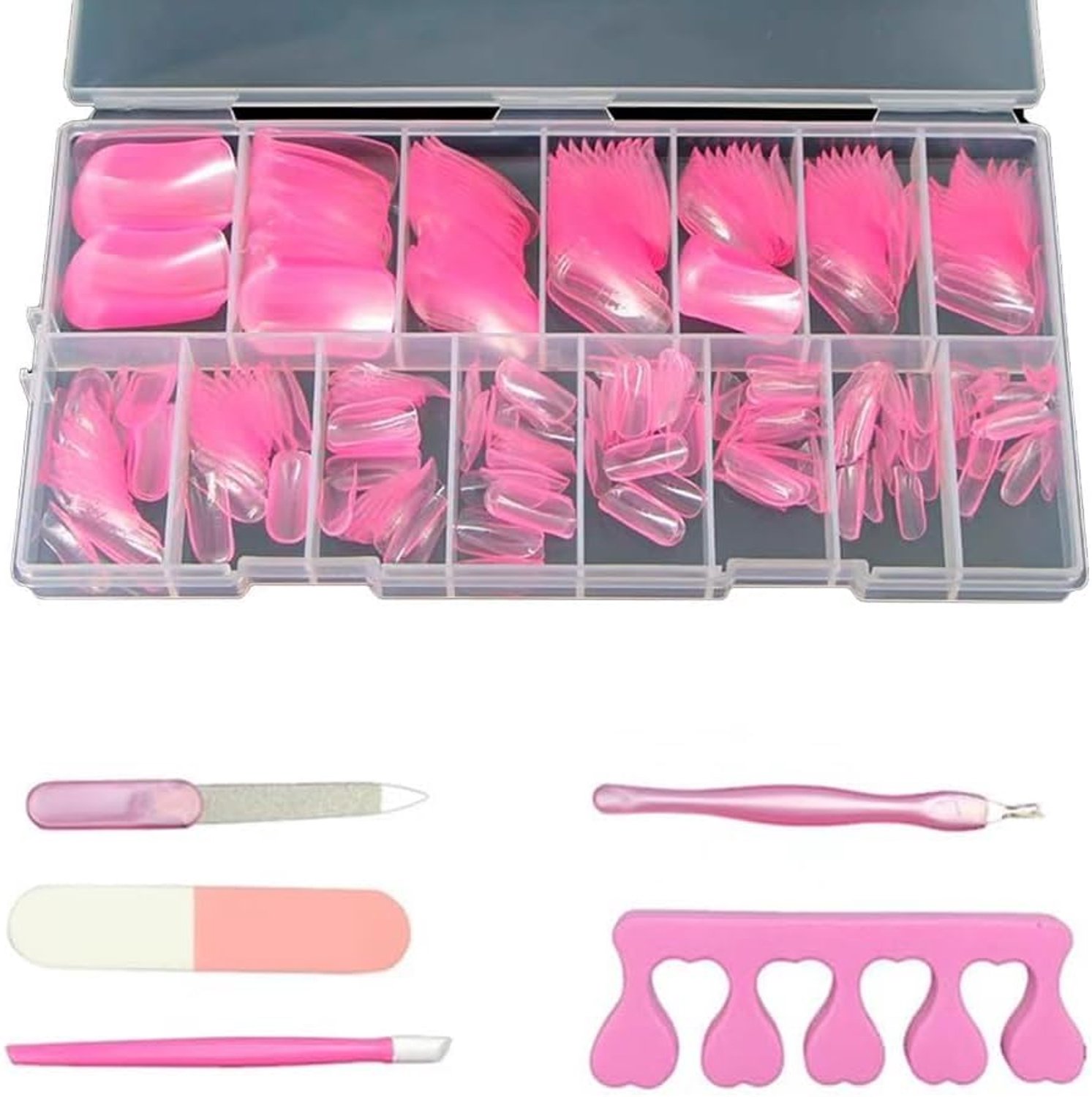 300 stuks kunstteennagels voor tenen, valse teennagels, voetverlenging, volledige afdekking, kunstnagels voor pedicure, met teenslippers (roze)