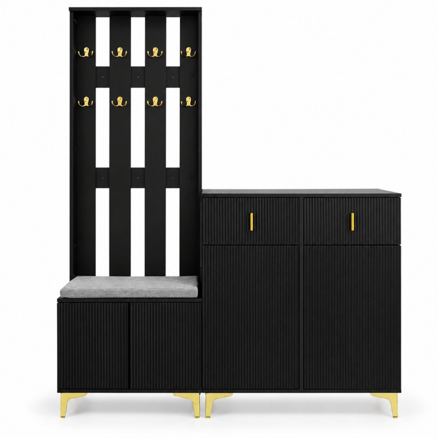LONG DRAGON - Schoenenkast met garderobe en zitbank - 2 lades - Zwart - 143,5 x 35,2 x 180,5 cm