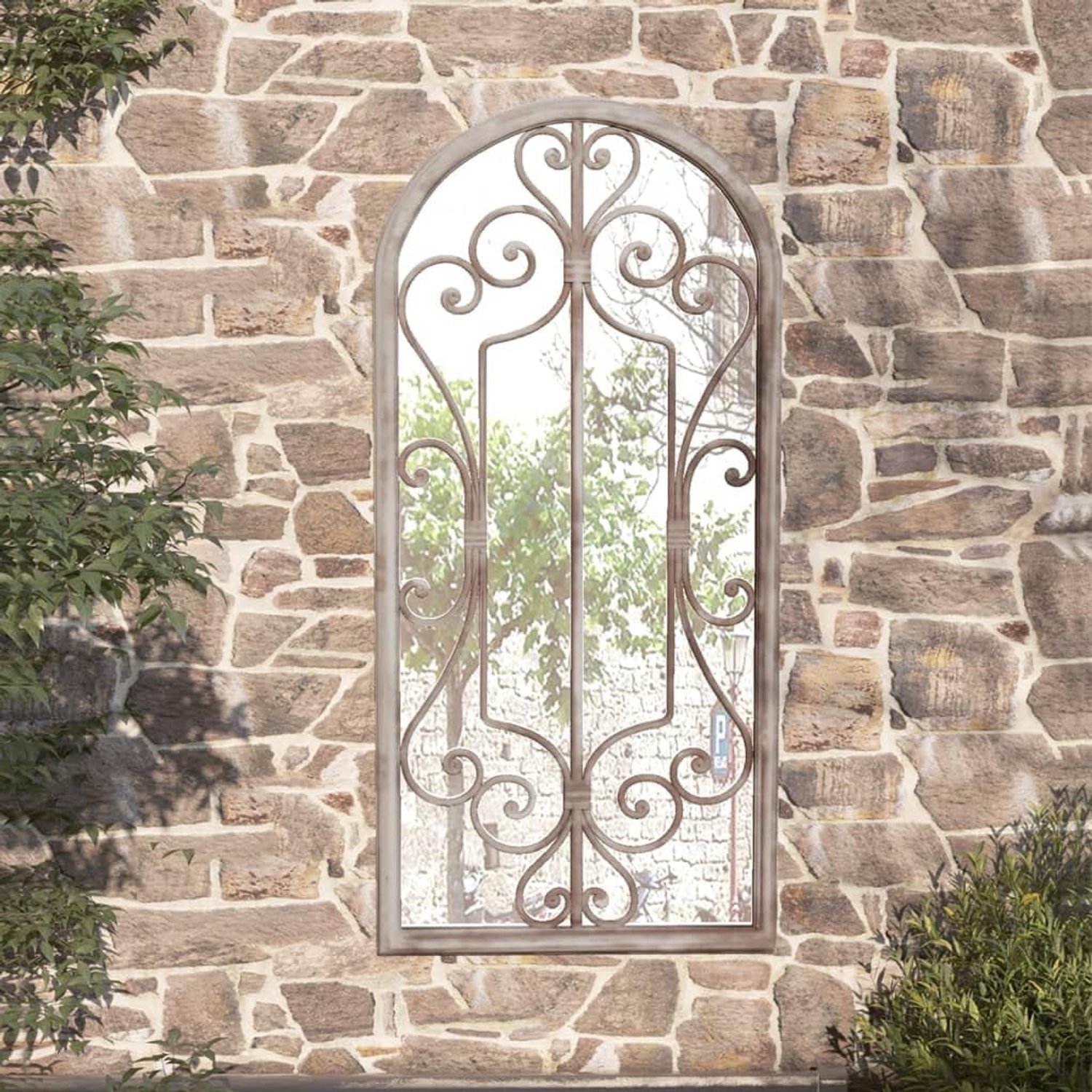 Wandspiegel tuin van ijzer met roesteffect, 100 x 45 cm, buitenspiegel voor buiten, antieke tuinspiegel voor wandmontage, met voorgeboord gat