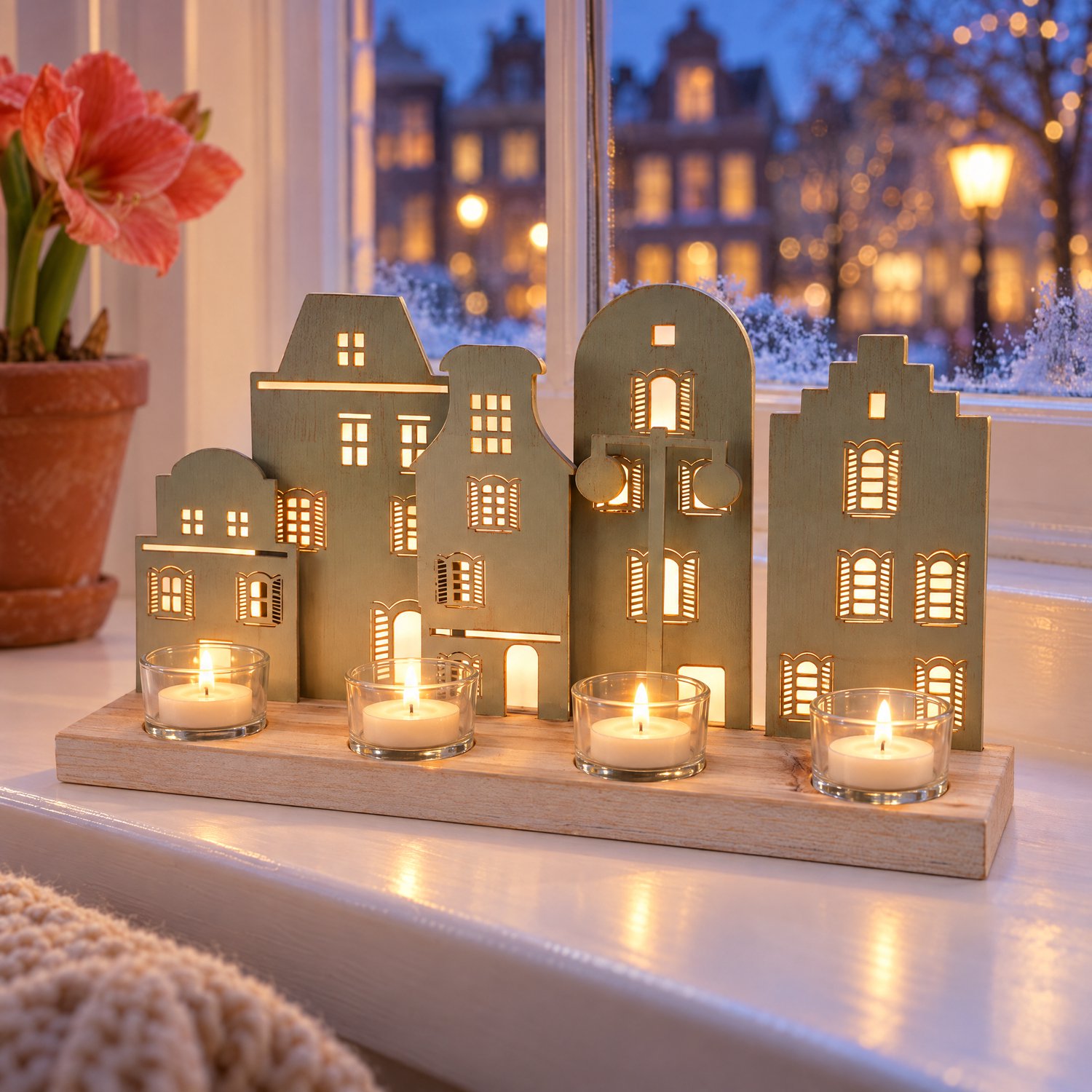 Cheqo Theelichthouder Huisjes Saliegroen - Waxinelichthouder voor 4 Theelichtjes - Grachtenpanden - Lichthuisjes - Kaarsenhouder - Hollandse Huisjes Decoratie - Sfeerdecoratie - Tafeldecoratie - Vensterbank Decoratie - Woondecoratie
