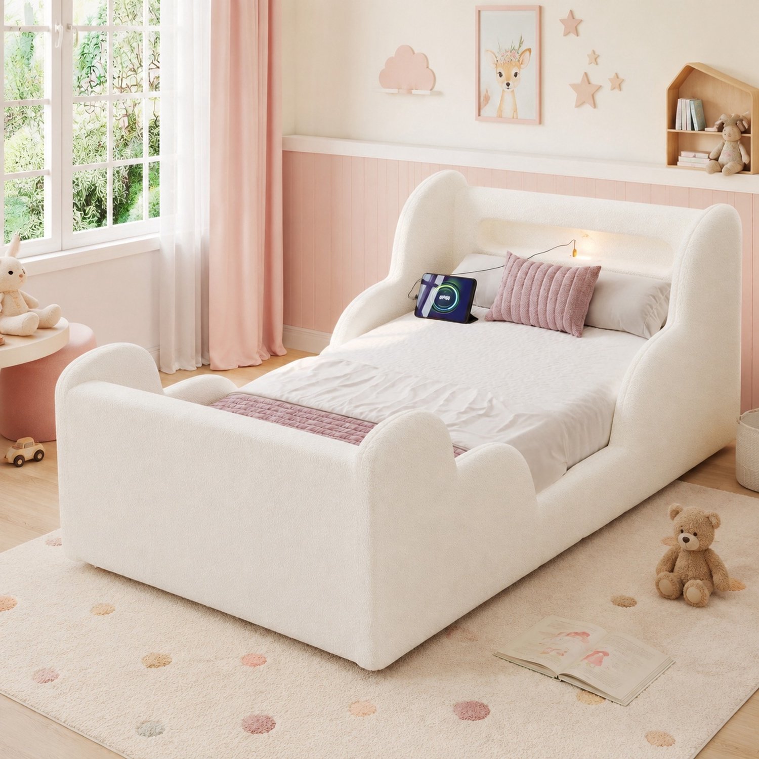 CHICFURN Kinderbed 90 x 200 cm - Bouclé - Nachtlicht en USB-aansluitingen Beige