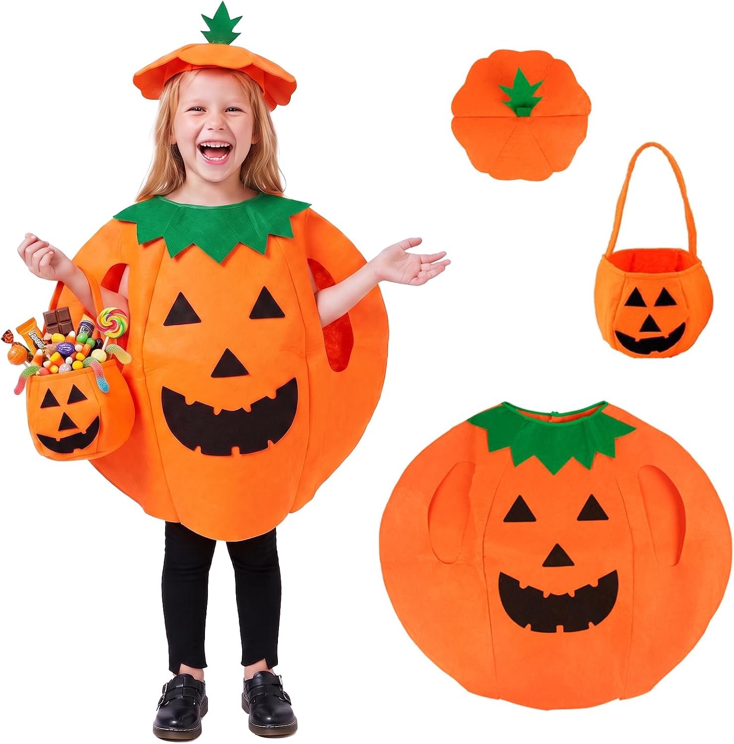 Pompoenkostuum voor kinderen, Halloween-set met hoed en tas, Halloween-kostuum voor jongens en meisjes, ideaal voor carnaval, carnaval en themafeesten