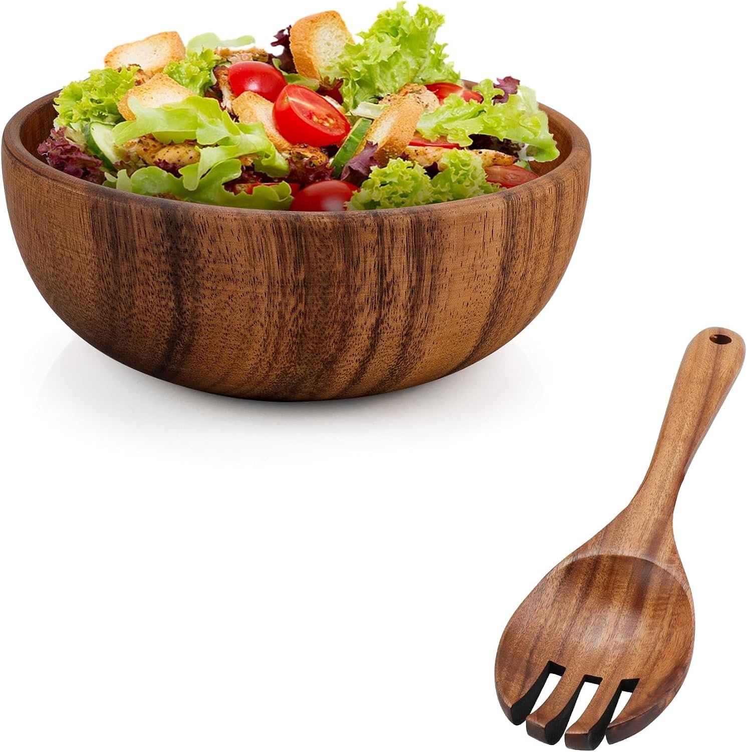 Saladekom hout 24 cm acaciahout, grote salademixkom met mixvork houten kom keukengerei houten kom