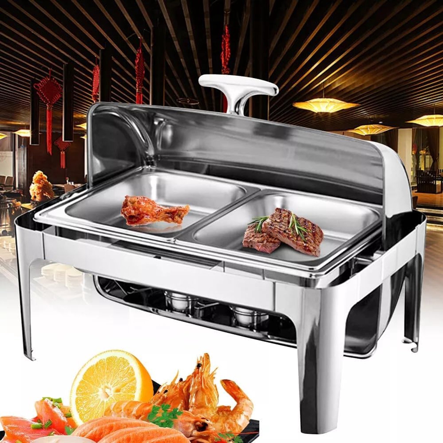 Buffet, chafing schotel, 9 liter, roestvrij staal, voedselverwarmer met deksel en handvat, voedselverwarmer, catering, buffet, pot voor catering, buffet en feest
