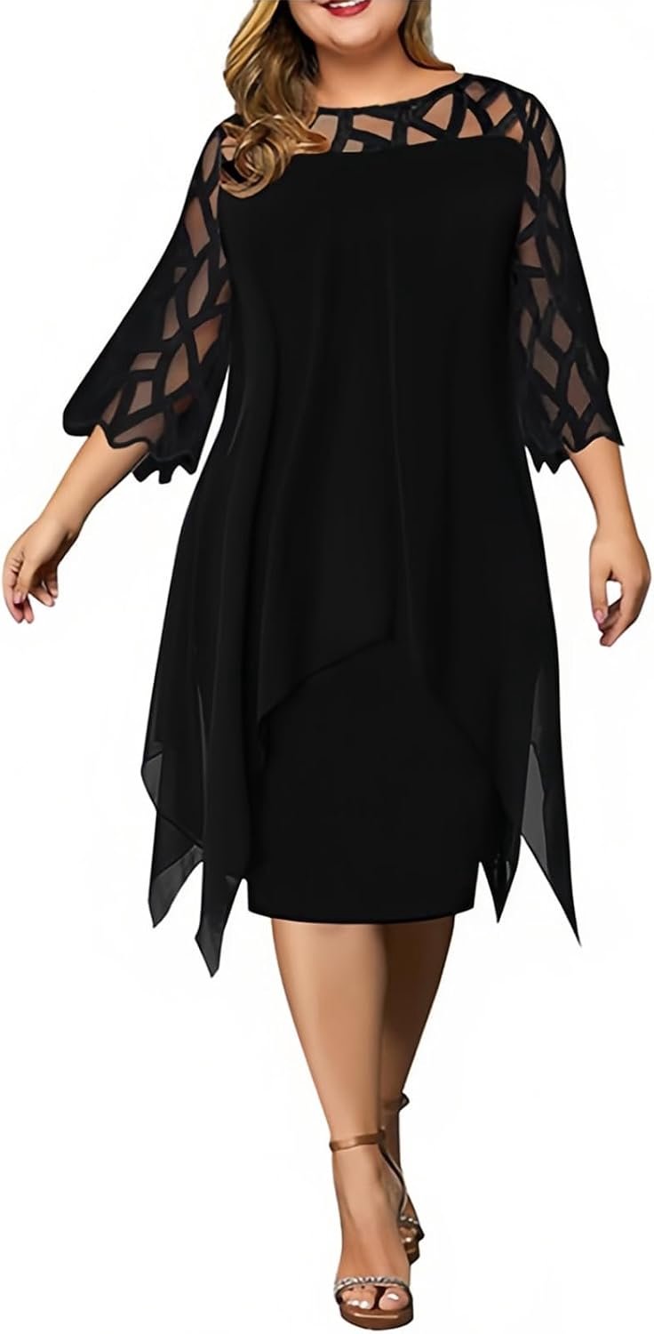 Plus Size Jurk 3/4 Mouw Chiffon Holle Kant Losse Onregelmatige Zoom Eendelige Outfits