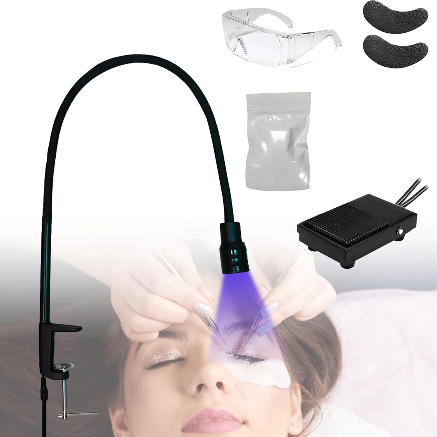 Professionele UV-lamp voor het uitharden van wimperextensions, met voetpedaal, verstelbare puntgrootte en veiligheidsbril, ideaal voor schoonheidssalons en thuisgebruik