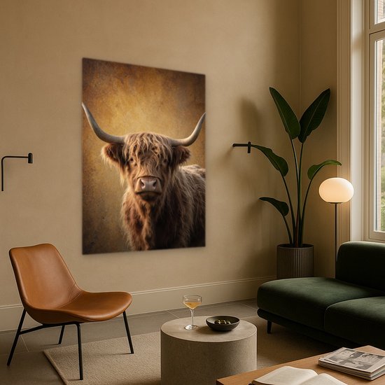 Canvas schilderij van een Schotse hooglander in een interieur met een bruine leren stoel en planten.